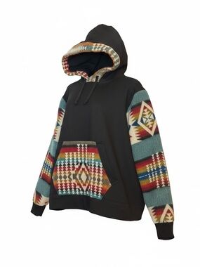 Southwestern Aztec Hoodie Black Cotton Pullover made in Ecuador Medium